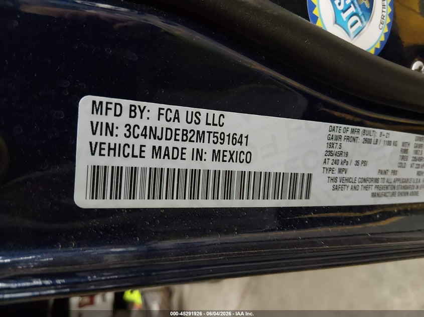 2021 Jeep Compass 80Th Anniversary VIN: 3C4NJDEB2MT591641 Lot: 45291926