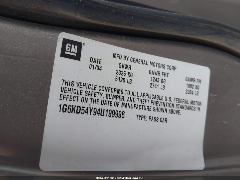 2004 Cadillac Deville Standard VIN: 1G6KD54Y94U199996 Lot: 45291930