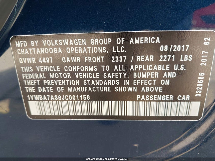 2018 Volkswagen Passat 2.0T Se VIN: 1VWBA7A36JC001156 Lot: 45291946