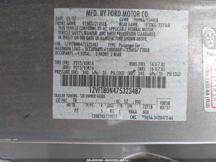 2007 Ford Mustang V6 Deluxe/V6 Premium VIN: 1ZVFT80N475323487 Lot: 45291960