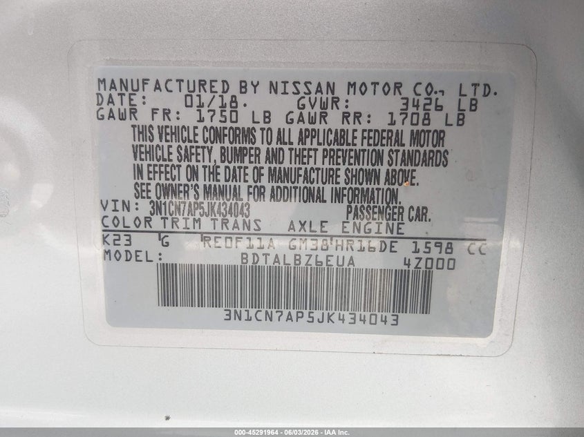 VIN 3N1CN7AP5JK434043 2018 NISSAN VERSA 1.6 SV