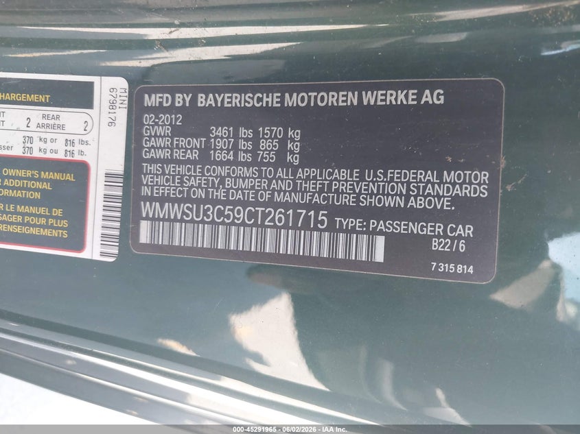 2012 Mini Cooper 1.6 green Lot 111045291965 Vin WMWSU3C59CT261715