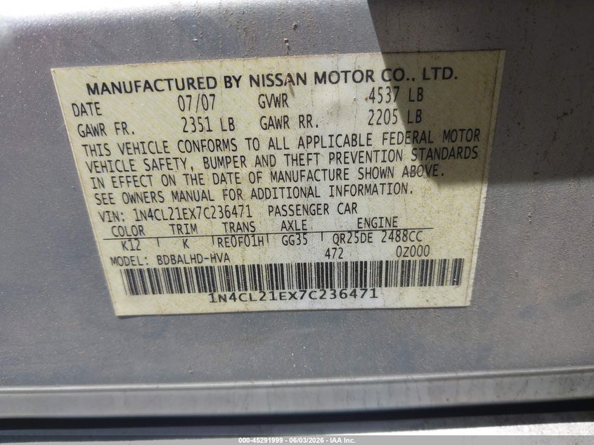 2007 Nissan Altima Hybrid VIN: 1N4CL21EX7C236471 Lot: 45291999