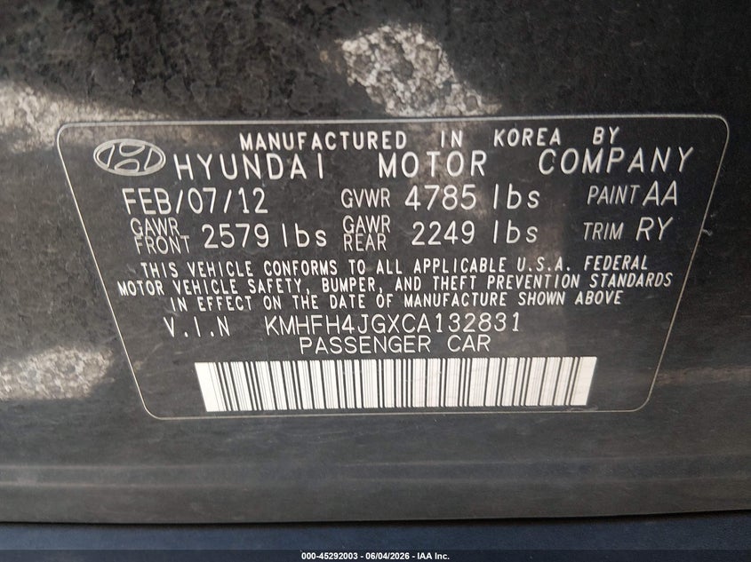 2012 Hyundai Azera VIN: KMHFH4JGXCA132831 Lot: 45292003