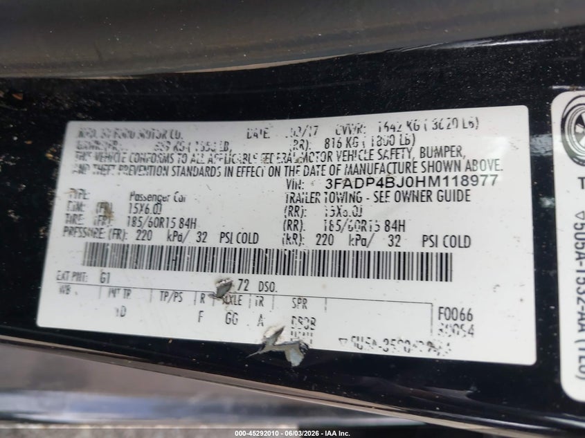 2017 Ford Fiesta Se VIN: 3FADP4BJ0HM118977 Lot: 45292010