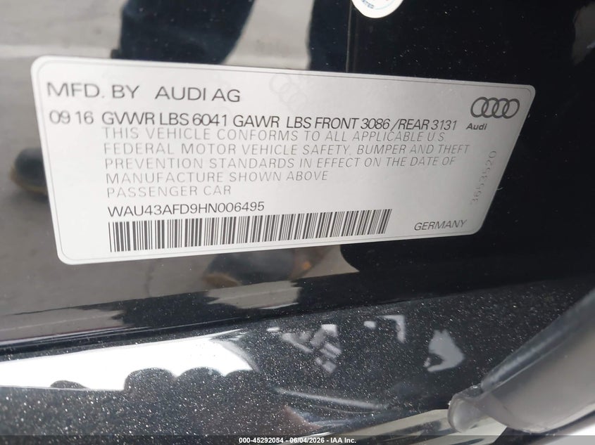 2017 Audi A8 L 4.0T Sport VIN: WAU43AFD9HN006495 Lot: 45292054