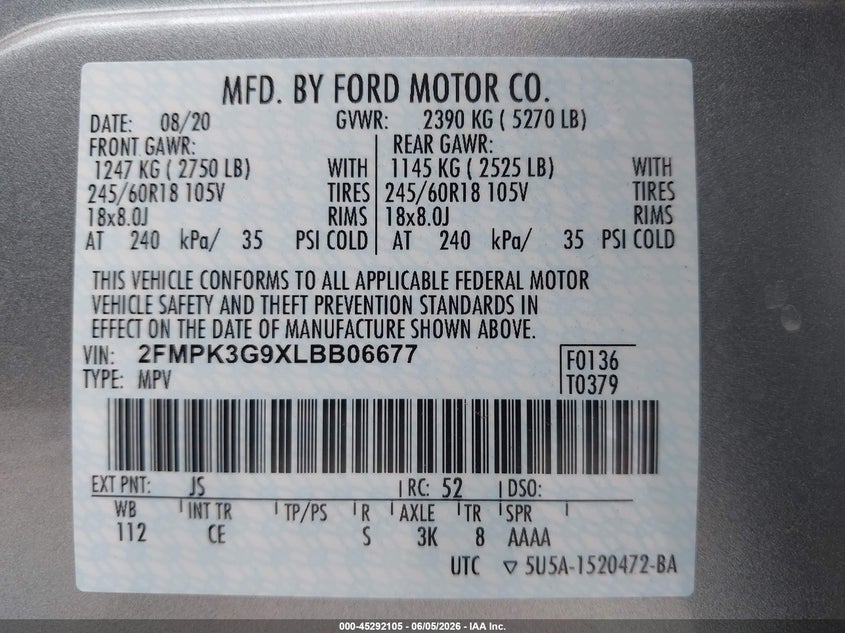 2020 FORD EDGE 2.0L I-4 DI, DOHC, V(VIN: 2FMPK3G9XLBB06677