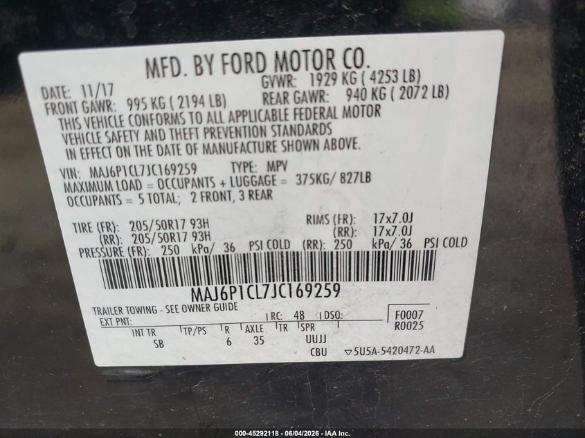 2018 Ford Ecosport Ses VIN: MAJ6P1CL7JC169259 Lot: 45292118