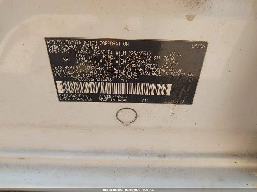 2006 Toyota Rav4 VIN: JTMBD33V666014478 Lot: 45292120