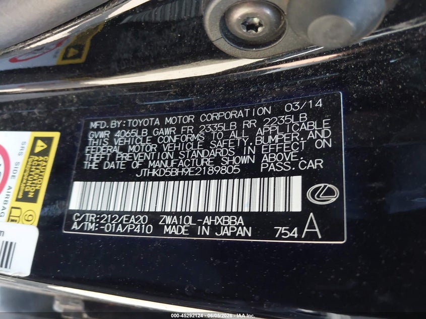 2014 Lexus Ct 200H VIN: JTHKD5BH9E2189805 Lot: 45292124