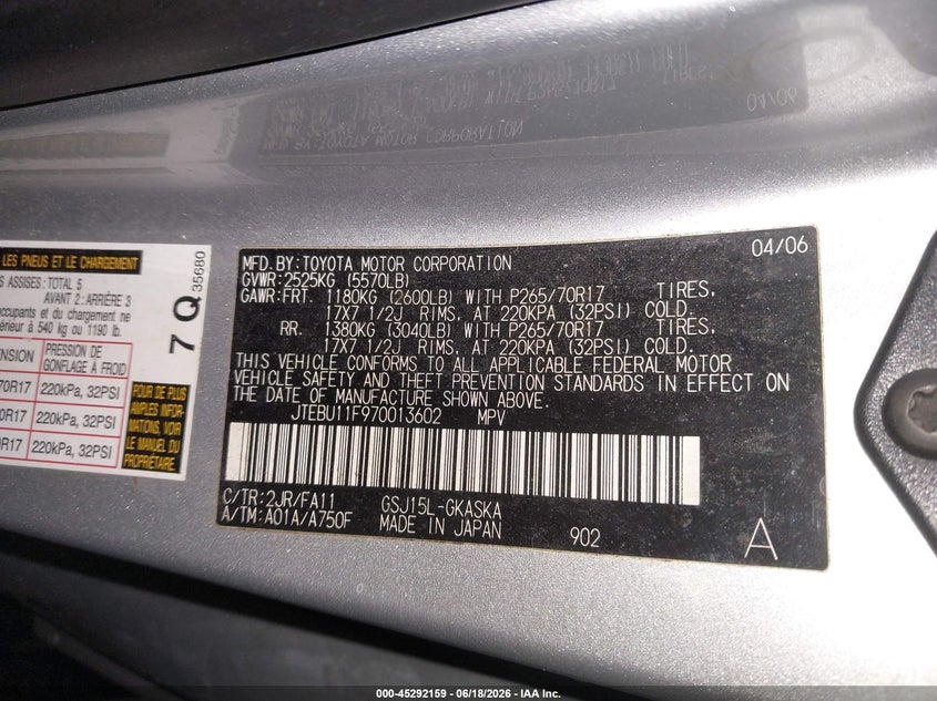 2007 Toyota Fj Cruiser VIN: JTEBU11F970013602 Lot: 45292159