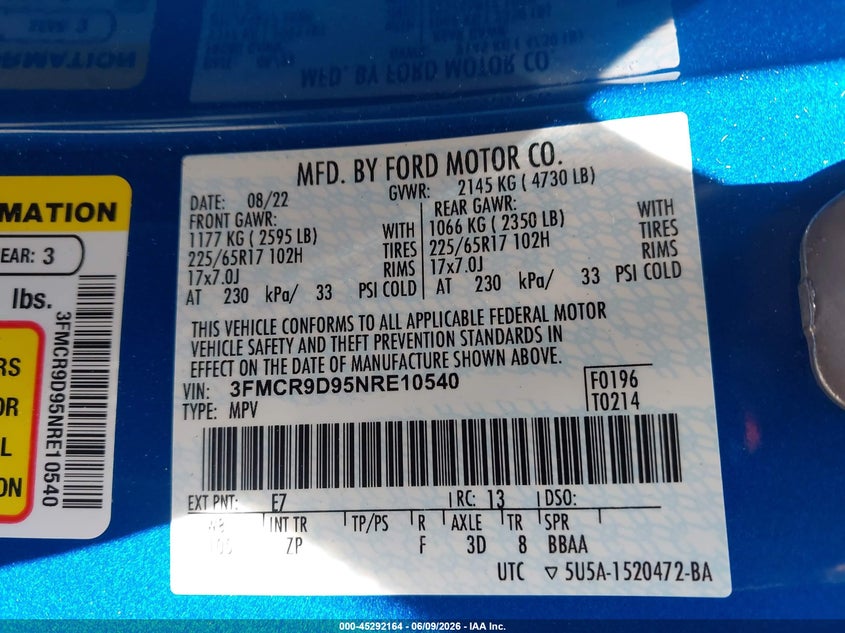 2022 Ford Bronco Sport Badlands VIN: 3FMCR9D95NRE10554 Lot: 45292164
