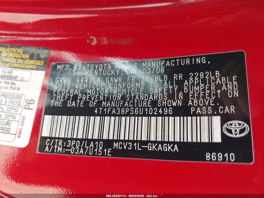 2006 Toyota Camry Solara Sle VIN: 4T1FA38P56U102496 Lot: 45292174