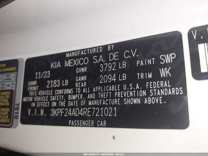 2024 Kia Forte Lxs VIN: 3KPF24AD4RE721021 Lot: 45292179