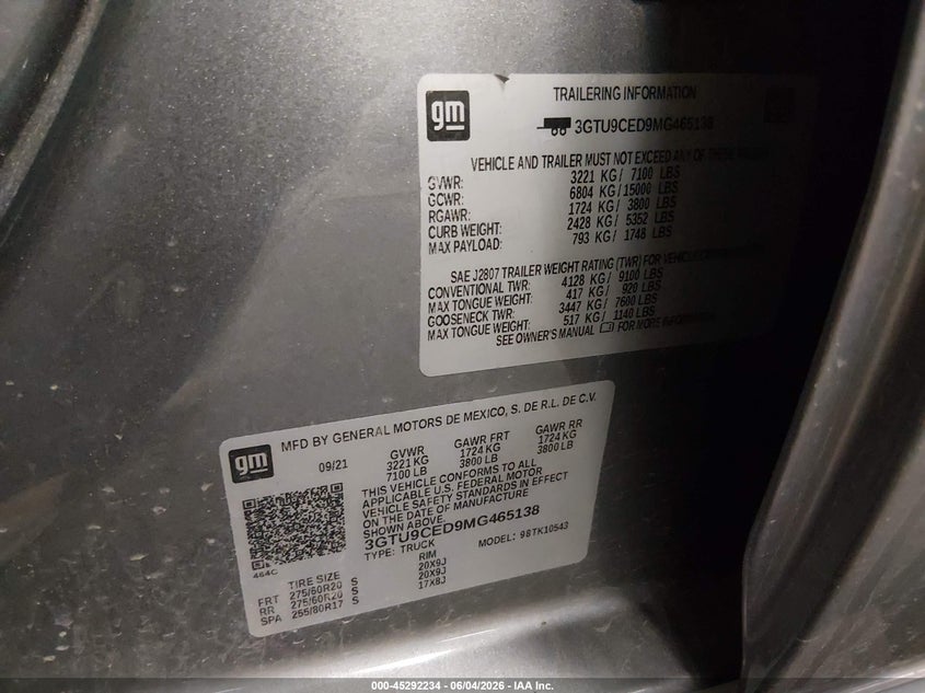GMC SIERRA 1500 2021 VIN 3GTU9CED9MG465138