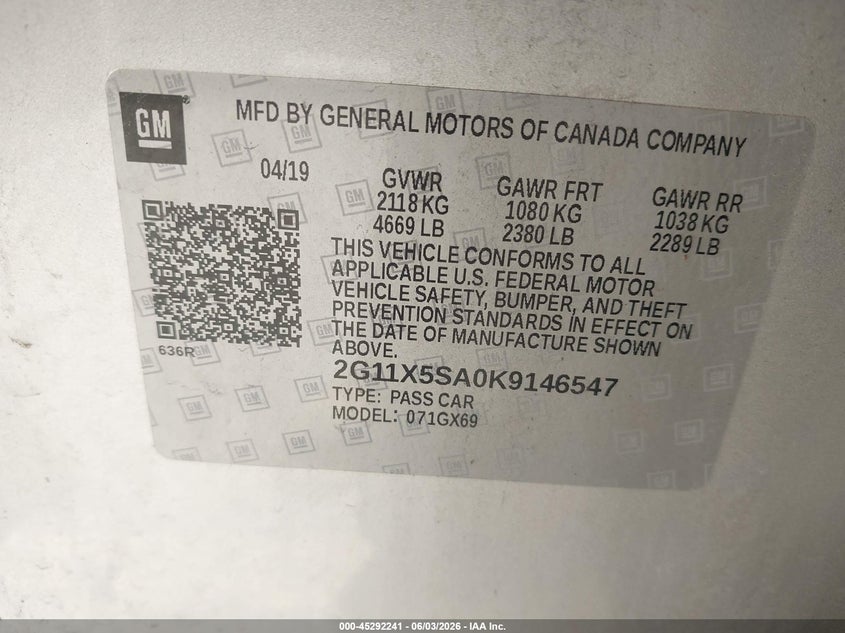 2019 Chevrolet Impala Ls VIN: 2G11X5SA0K9146547 Lot: 45292241