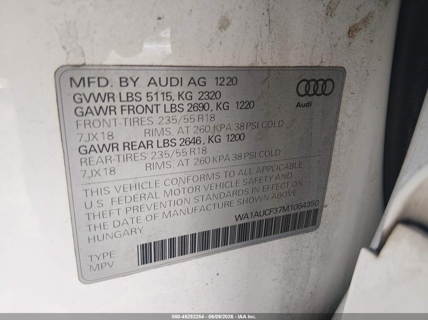 2021 AUDI Q3 2.0L I-4 DI, DOHC, V(VIN: WA1AUCF37M1064350