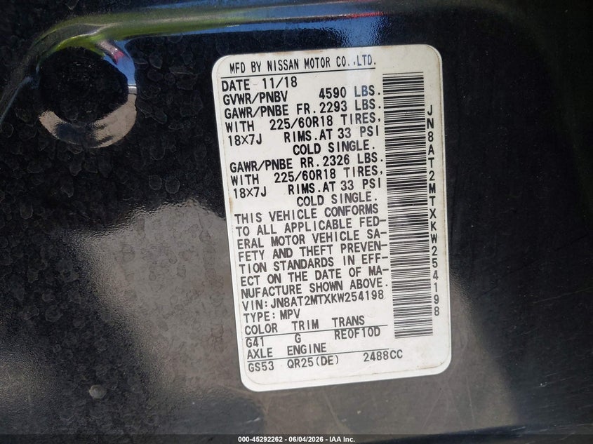 2019 Nissan Rogue Sv VIN: JN8AT2MTXKW254198 Lot: 45292262