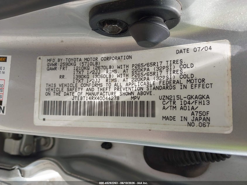 2004 Toyota 4Runner Sr5 Sport V8 VIN: JTEBT14RX40044278 Lot: 45292263