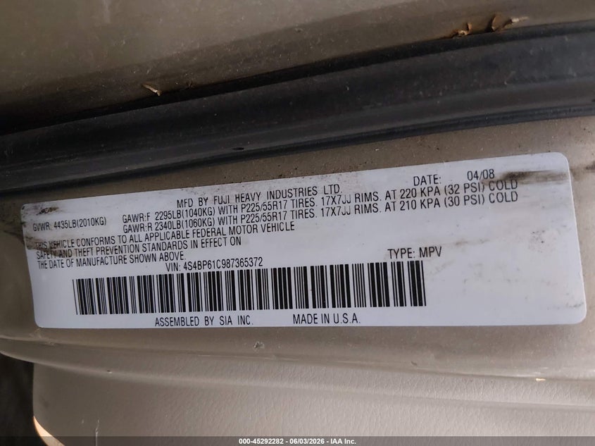 2008 Subaru Outback 2.5I/2.5I L.l. Bean Edition VIN: 4S4BP61C987365372 Lot: 45292282