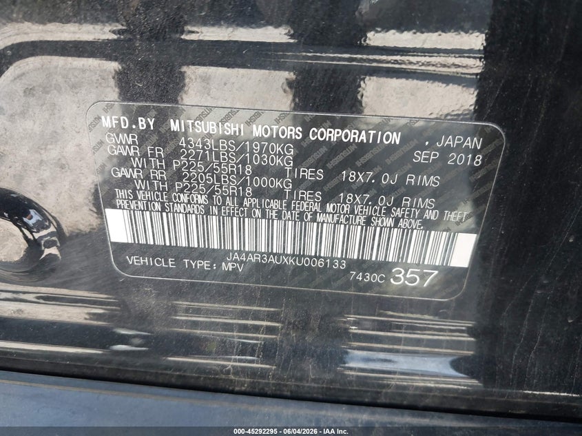 2019 Mitsubishi Outlander Sport 2.0 Se VIN: JA4AR3AUXKU006133 Lot: 45292295