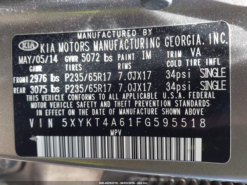 2015 Kia Sorento Lx VIN: 5XYKT4A61FG595518 Lot: 45292316