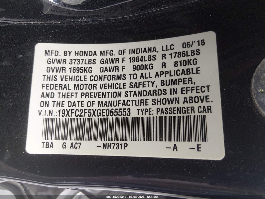 2016 Honda Civic Lx VIN: 19XFC2F5XGE065553 Lot: 45292319