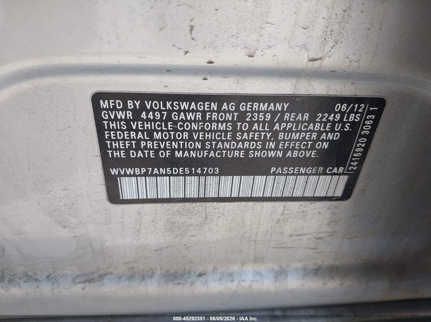 2013 Volkswagen Cc 2.0T Sport Plus VIN: WVWBP7AN5DE514703 Lot: 45292351