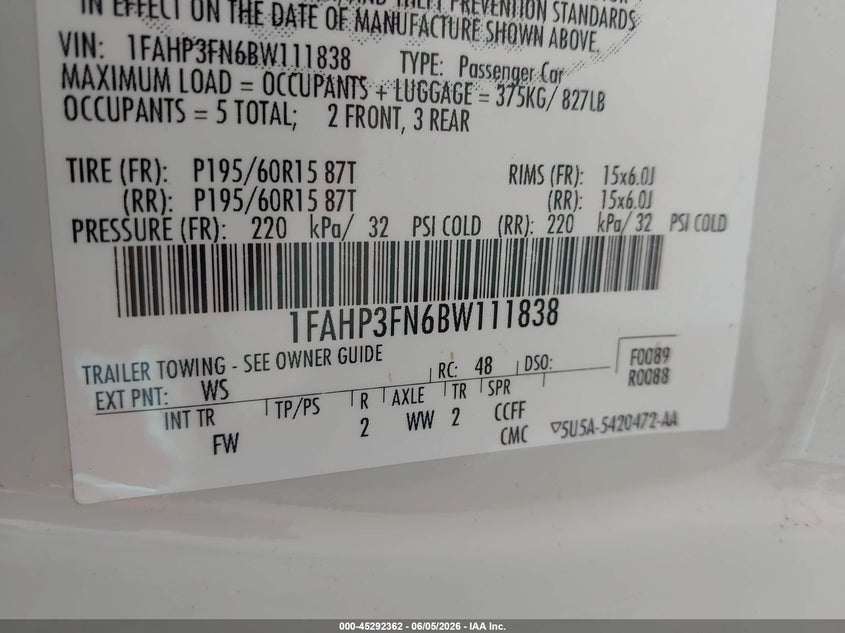 2011 FORD FOCUS SEDAN 2.0L I-4 DOHC, 140HP
