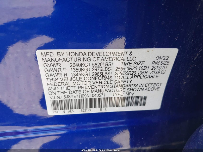 2022 Acura Mdx A-Spec Package VIN: 5J8YE1H09NL048571 Lot: 45292385