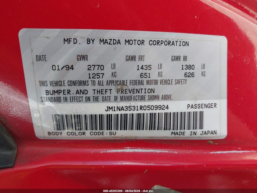 1994 Mazda Mx-5 Miata VIN: JM1NA3531R0509924 Lot: 45292389