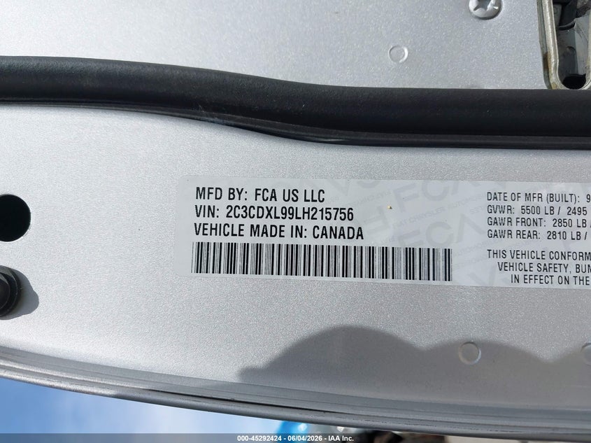 2020 Dodge Charger Srt Hellcat Rwd VIN: 2C3CDXL99LH215756 Lot: 45292424