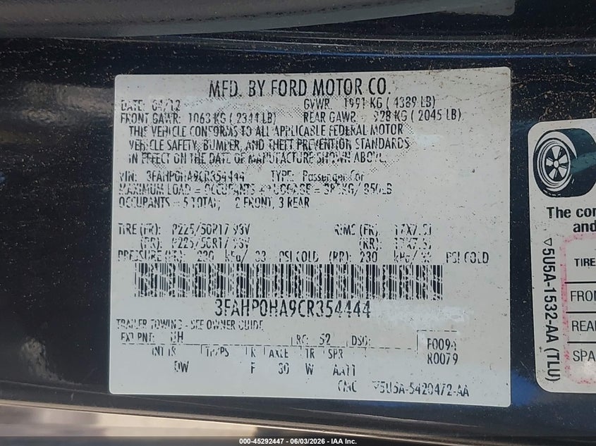 2012 Ford Fusion Se VIN: 3FAHP0HA9CR354444 Lot: 45292447