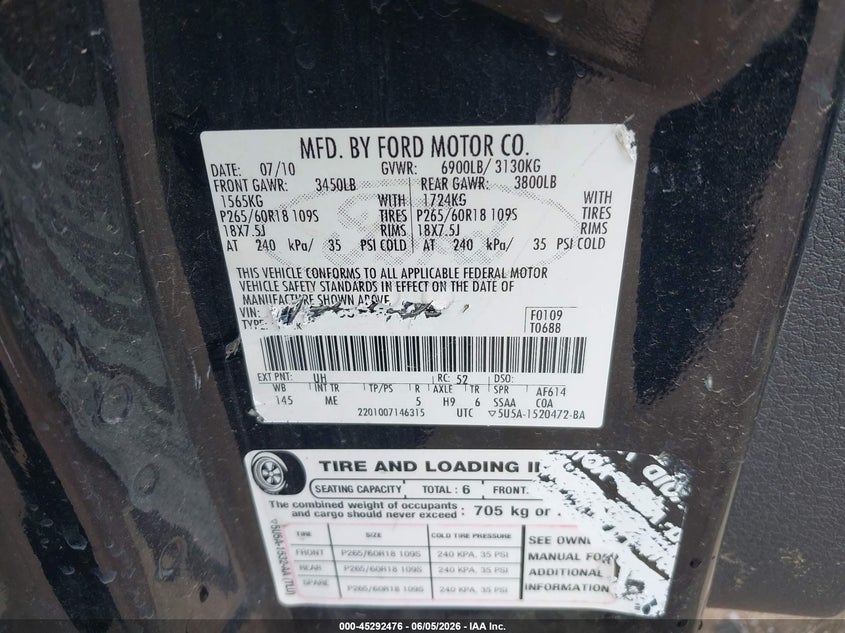 2012 Ford F-150 6.2 Svt Raptor black Lot 111045292476 Vin 1FTFW1R62CFC20036