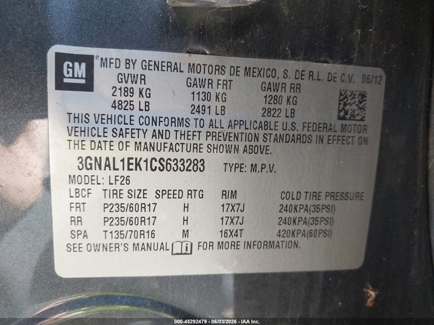 2012 Chevrolet Captiva Sport 1Ls VIN: 3GNAL1EK1CS633283 Lot: 45292479