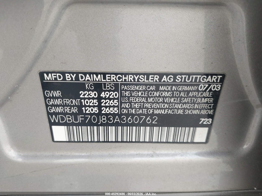 2003 Mercedes-Benz E 500 VIN: WDBUF70J83A360762 Lot: 45292486