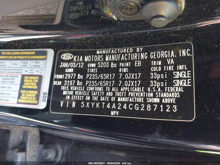 2012 Kia Sorento Lx V6 VIN: 5XYKT4A24CG287123 Lot: 45292501
