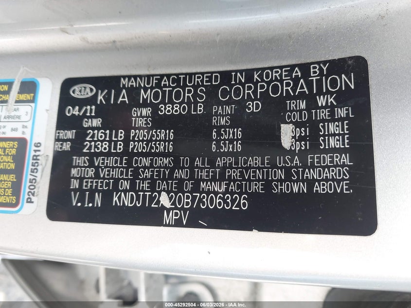 2011 Kia Soul + VIN: KNDJT2A20B7306326 Lot: 45292504