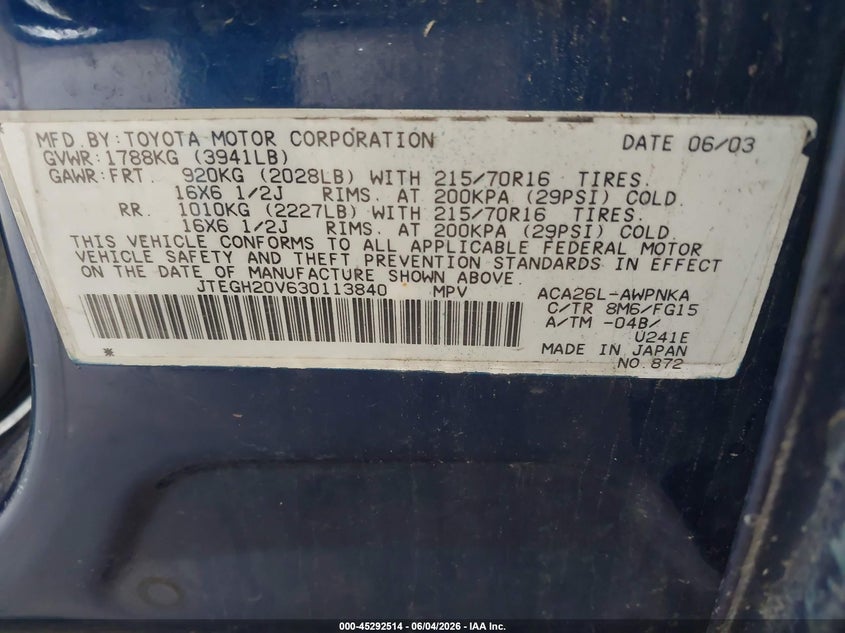 2003 Toyota Rav4 VIN: JTEGH20V630113840 Lot: 45292514