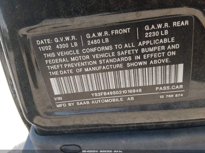 2003 Saab 9-3 Linear VIN: YS3FB49S631046925 Lot: 45292519
