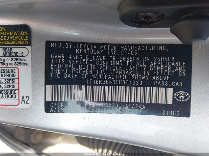 2005 Toyota Avalon Limited VIN: 4T1BK36B05U004333 Lot: 45292527