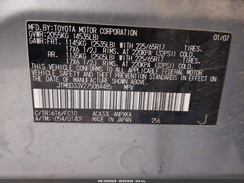 2007 TOYOTA RAV 4 SPORT UTILITY VEHICLE 2.4L I-4 DOHC, VVT, 166HP
