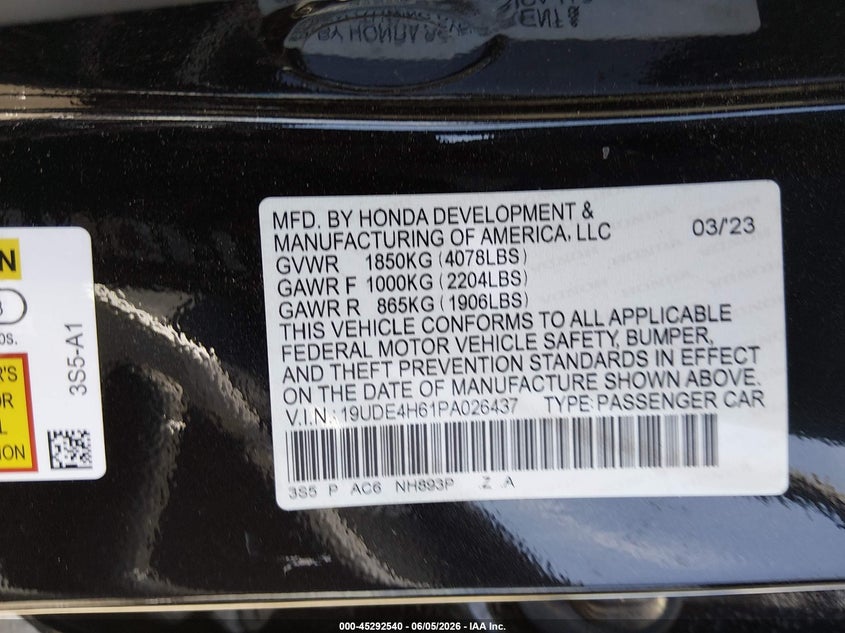 2023 ACURA INTEGRA 1.5L I-4 DI, DOHC, V(VIN: 19UDE4H61PA026437