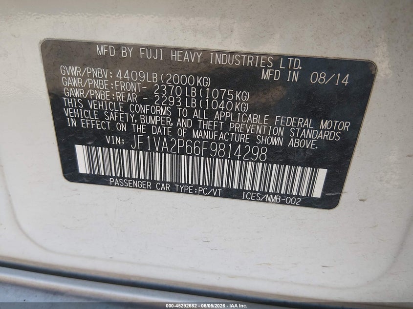 2015 Subaru Wrx Sti VIN: JF1VA2P66F9814298 Lot: 45292682