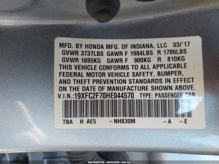 VIN 19XFC2F70HE044570 2017 HONDA CIVIC EX