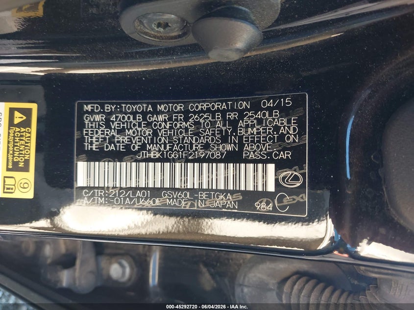 2015 Lexus Es 350 VIN: JTHBK1GG1F2197087 Lot: 45292720