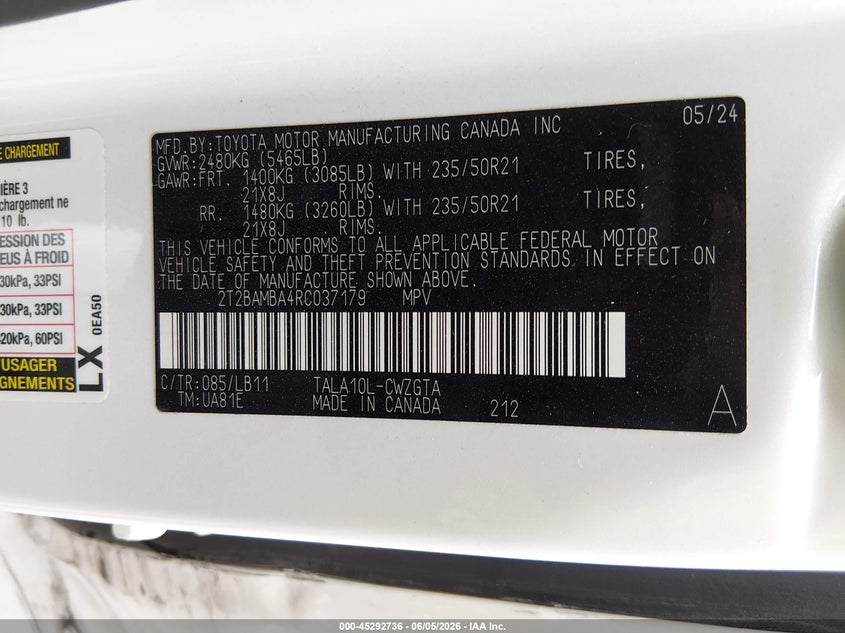 2024 LEXUS RX 350 2.4L I-4 DI, DOHC, V(VIN: 2T2BAMBA4RC037179