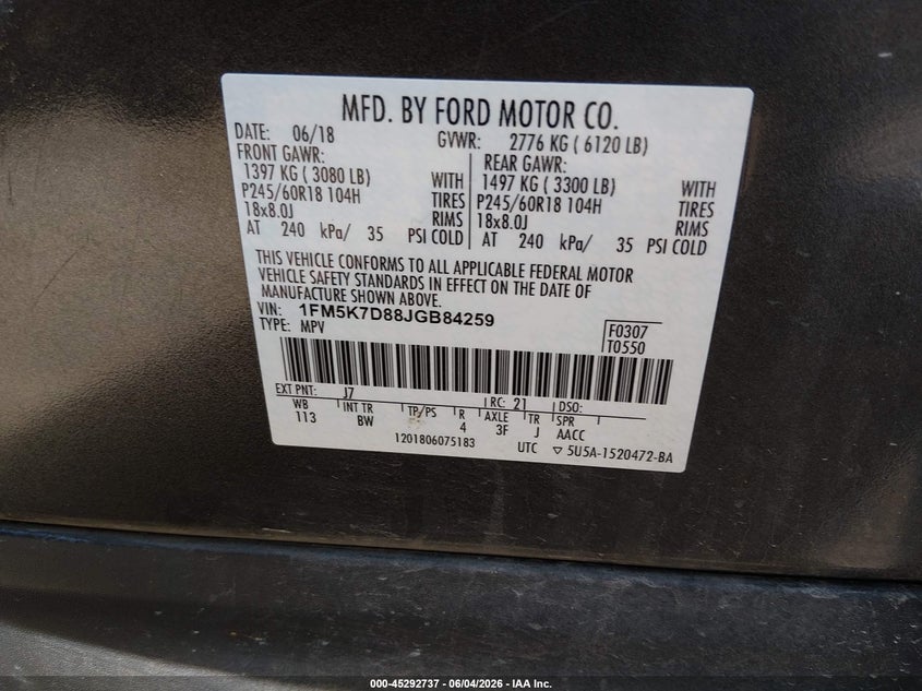 2018 Ford Explorer Xlt VIN: 1FM5K7D88JGB84259 Lot: 45292737