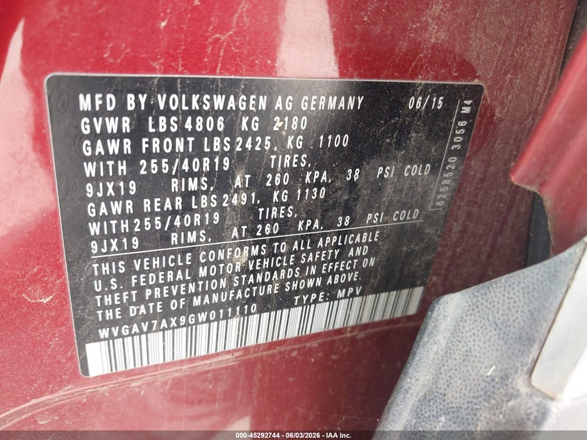 2016 Volkswagen Tiguan Sel VIN: WVGAV7AX9GW011110 Lot: 45292744