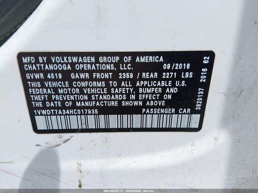 2017 Volkswagen Passat 1.8T R-Line VIN: 1VWDT7A34HC017935 Lot: 45292772